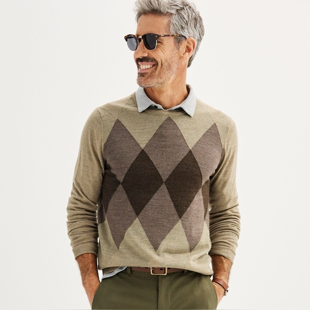 NEW WITH TAGS Men's Apt. 9® Merino Wool Diamond Patterned Crewneck Sweater Sz XL